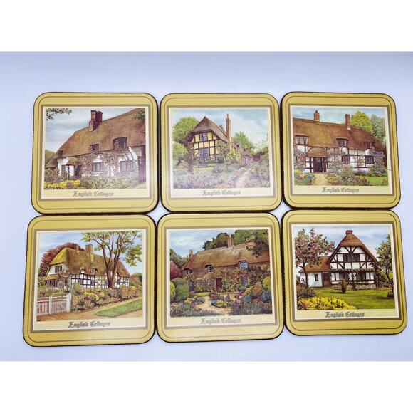 Vintage Pimpernel Acrylic Cork Square Coasters Set of 6 Cottages 4"x 4" England - Picture 1 of 10